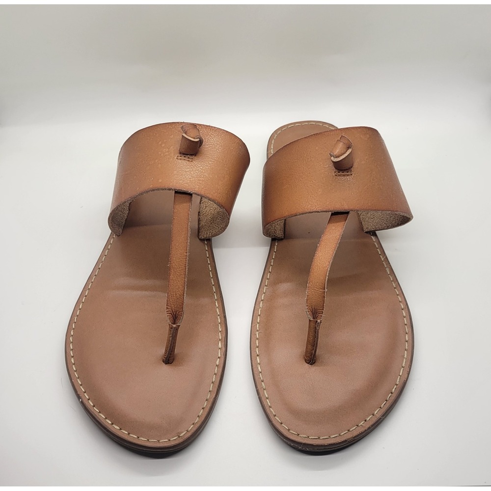 Merona Neutral T-Strap Slide Sandals Women 9 Cognac Brown Faux Leather Flip Flop